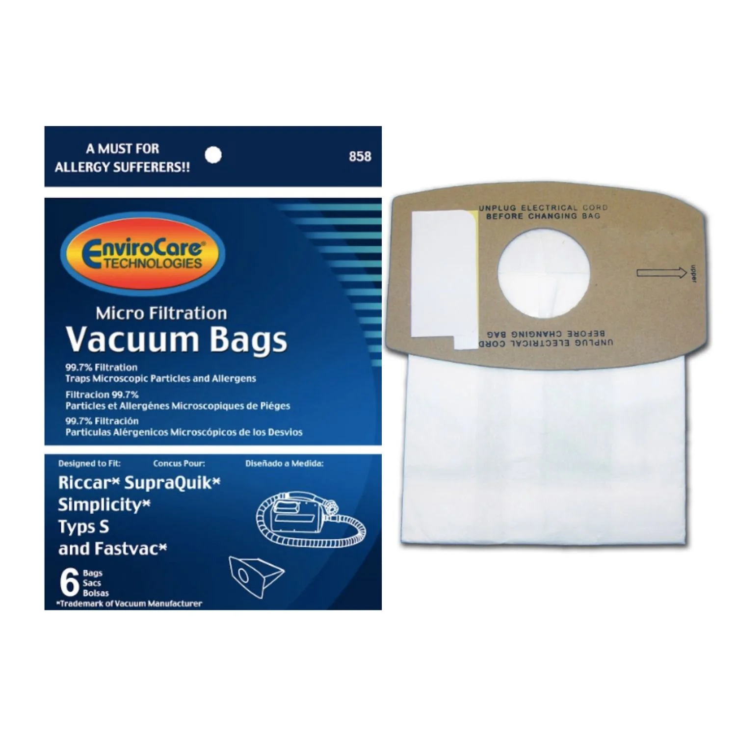EnviroCare Riccar SupraQuick, Simplicity Type S and Fastvac Paper Vacuum Bags, (6 Pack)